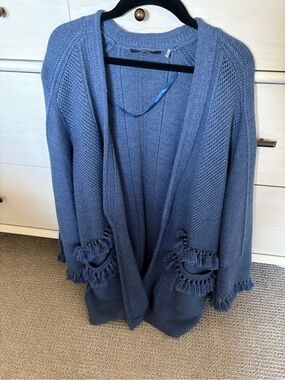 Kobi Halperin Slate Blue Fringe-Pocket Open Cardigan